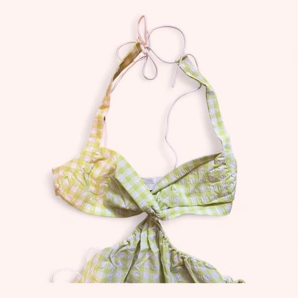 For Love & Lemons Green Gingham Halter Cut Out Maureen Midi Dress NWY Size L
